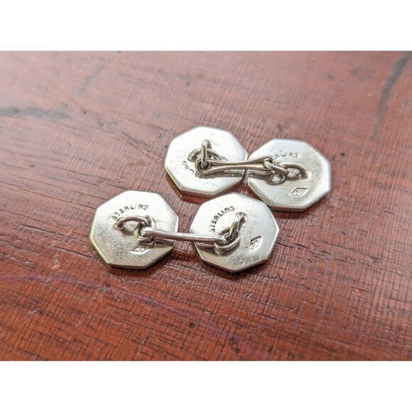 Vintage Art Deco Sterling silver and mother of pearl cufflinks and shirt studs, - Picture 4 of 8